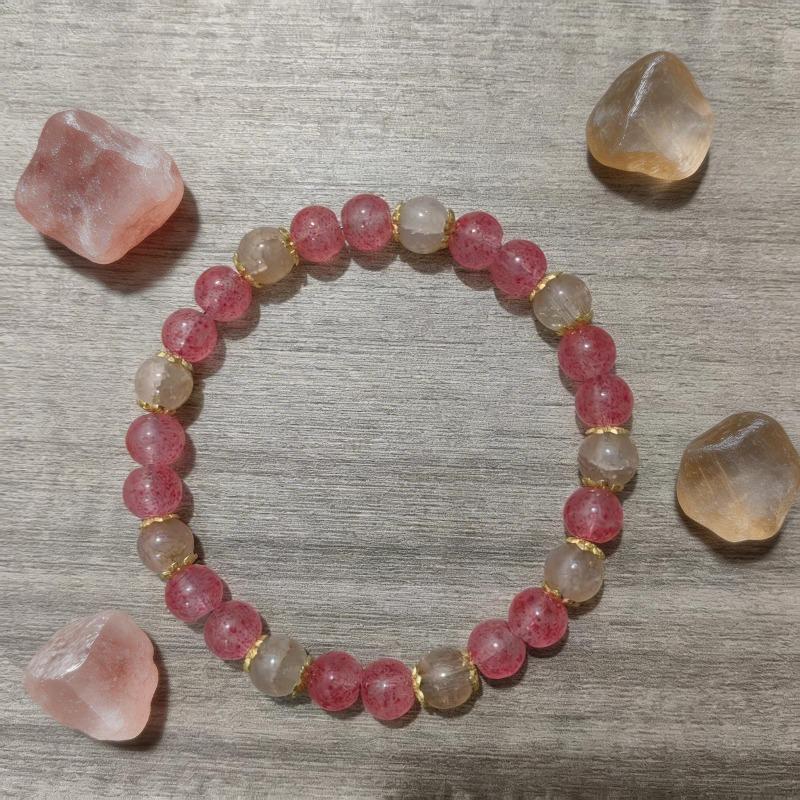 Strawberry Quartz & Golden Rutilated Quartz Bracelet Set –  8mm Natural Stone Beaded Jewelry, Attract Love Wealth Career, Unisex Daily Wear Gift