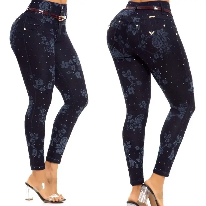 Women's Colombian Push-Up Floral Pattern Rhinestone-Studded Stretch Skinny Jeans with Belt, Lady's Fashion Bottom Wear, Rhinestones Jeans, Denim, Clothes, Belted, Casual, Pants, Slim, Jeans For Women