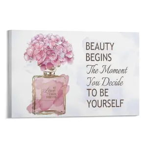 Fashioner Perfume Canvas Wall Art Gold Bottle Pink Flower Canvas Motivational Quetos Wall Decor for Bathroom Bedroom Powder Room