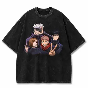 Viral Anime Friend Group Tee  – Oversized Jujutsu Kaisen Washed Shirt, Y2K Gojo Graphic Streetwear Top