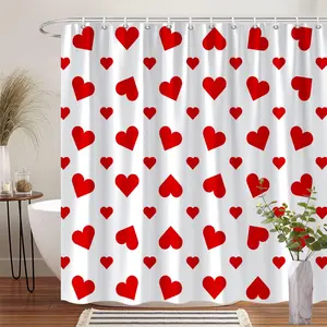 Valentine Heart Shower Curtain, Polyester Fabric Bath Decor, 70.8x70.8 Inch with 12 Hooks, Cute Pattern for Romantic Home Decoration