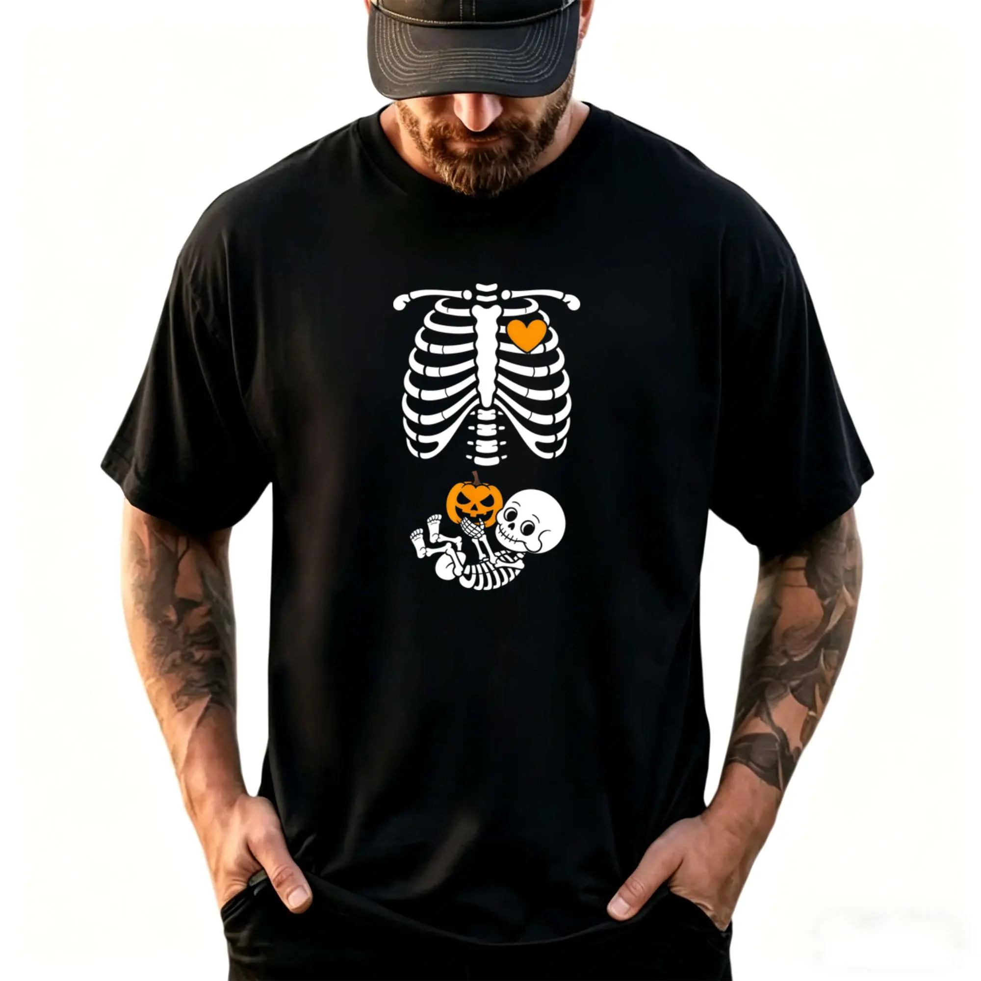 Halloween Skeleton Baby Rib Cage Maternity Pregnant Pumpkin T-Shirt