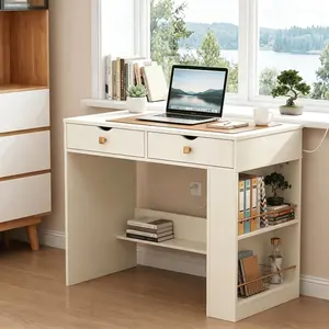 Desk with Flip Top Mirror,White Makeup  Table with 3 Color Light and Brightness Adjustable, Side Organizer Small  with Storage Compartment, Writing Desk for Bedroom
