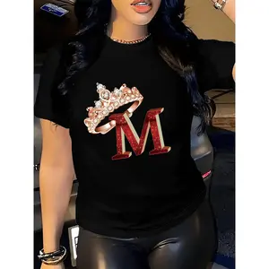 Women's Red Graphic Print T-Shirt - "M" Letter with Crown & Diamond Design, Casual Round Neck Tee for Spring & Fall, Soft Fabric, Machine Washable, Seasonal Fashion Top|Vibrant Casualwear|Studded Design Shirt