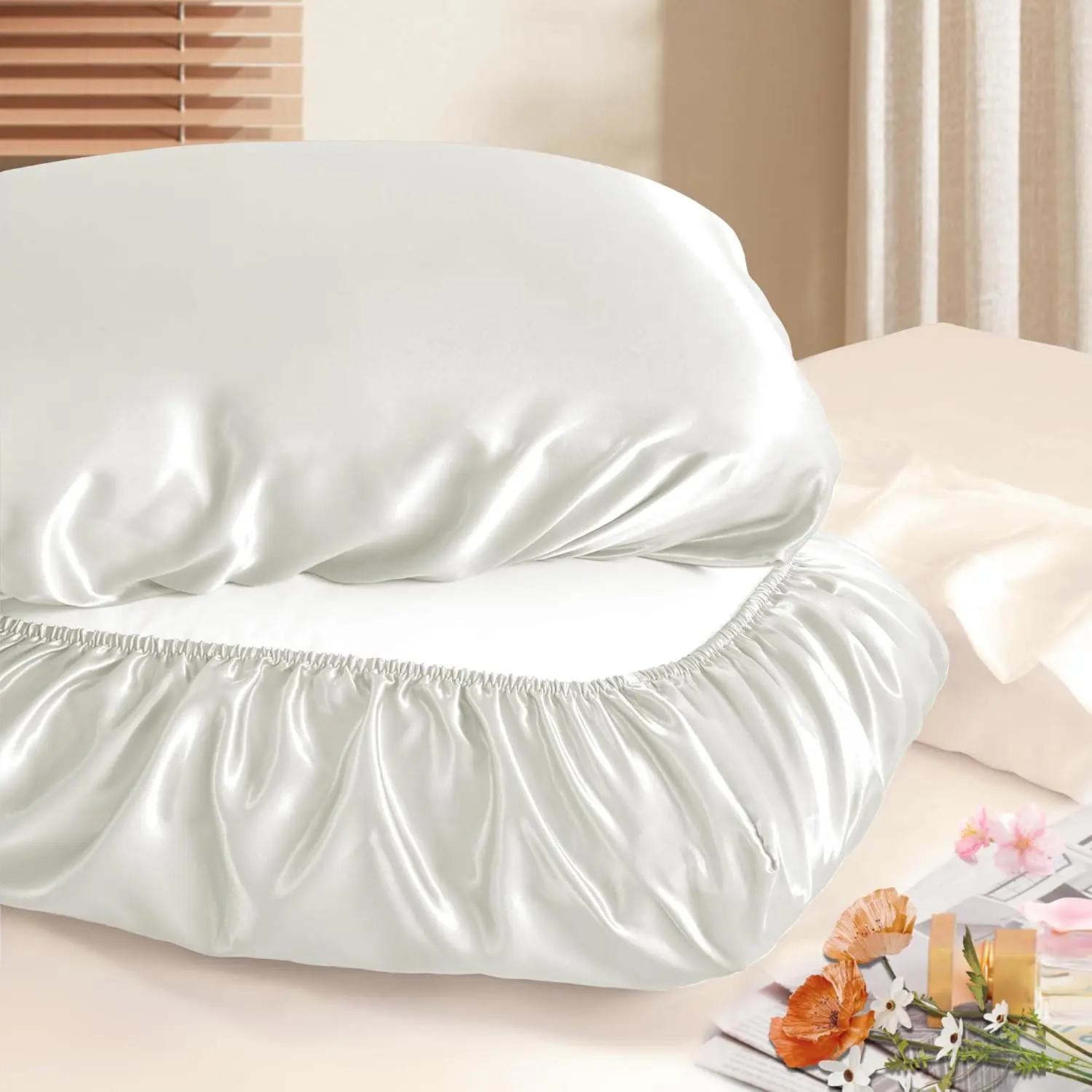 Satin Pillowcases for Hair Protection - 2 count White Pillow Cases, Elastic Band Standard &  Satin Pillowcases Luxury Silky Pillow Cases Travel Pillow Covers