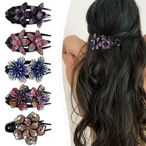 5 PCS double flower decorative jeweled rhinestone hair clip pretty fancy floral thick crystal hair clips for women beautiful fashion designer asian accessories long chinese korean vintage ornaments