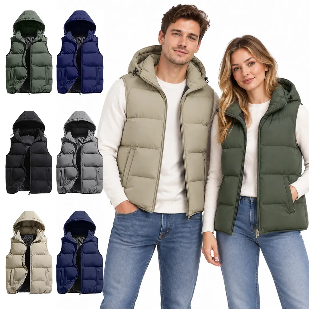 Gihuo Men's Quilted Puffer Vest with Removable Hood, Warm Full-Zip Winter Jacket with Zipper Pockets, Casual Sleeveless Outerwear