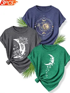 3Pcs Women's Crew Neck T-Shirts, Lotus Moon Phase & Star Print, Multiple Colors Available, Machine Washable, Spring & Summer Tops, Soft Skin-Friendly Fabric, Daily Versatile, Fashion Design
