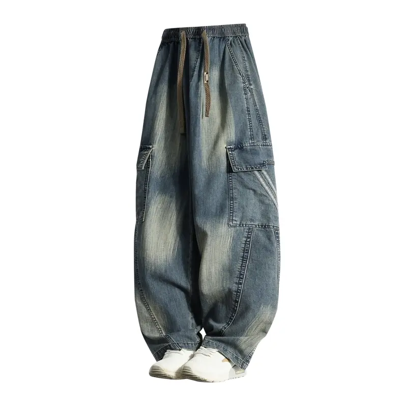 Men's Chic Cotton Full-Length Oversize Retro Style 90s Look Utility Low-Rise Baggy Folded-Over Cargo Jeans - Elastic Drawstring Waist, Multi-Side Pockets, Washed Gradient Denim Pants for Gen X Streetwear, Workwear