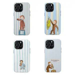 Blue Stripes Curious George Phone Case – Vintage Cartoon Book Cover | Cute Monkey with Bible Verse, Banana, Pajamas | iPhone Samsung Retro PBS Kids Gift | Cover for IPhone 16 15 14 13 12 SE Max Pro Samsung galaxy