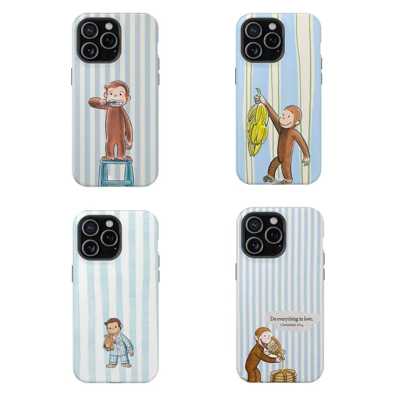 Blue Stripes Curious George Smartphone Case - Vintage Cartoon Book Cover, Cute Monkey with Bible Verse, Banana & Pajamas, Retro PBS Kids Gift, Wireless-Ready Cellphone Handheld Accessories for iPhone 16 15 14 13 12 SE Pro Max & Samsung Galaxy summerwins,s