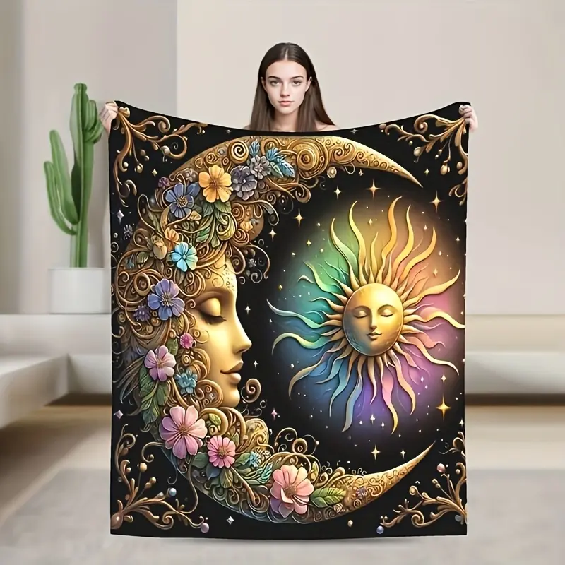 1pc Bohemian Sun and Moon Flannel Throw Blanket - Dreamy Starry Harmony Design with Floral Patterns, All-Season Lightweight Blanket for Sofa, Bed, Travel, or Office, Machine Washable, Sofa Throw Blanket |     Floral ,Weste,decorative,tapestry,wall,mandala