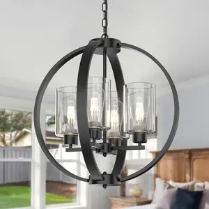 4-Light Black Chandelier Light Fixture, 18in Farmhouse Modern Globe Pendant Lamp for Kitchen Island Dining Room Living Room