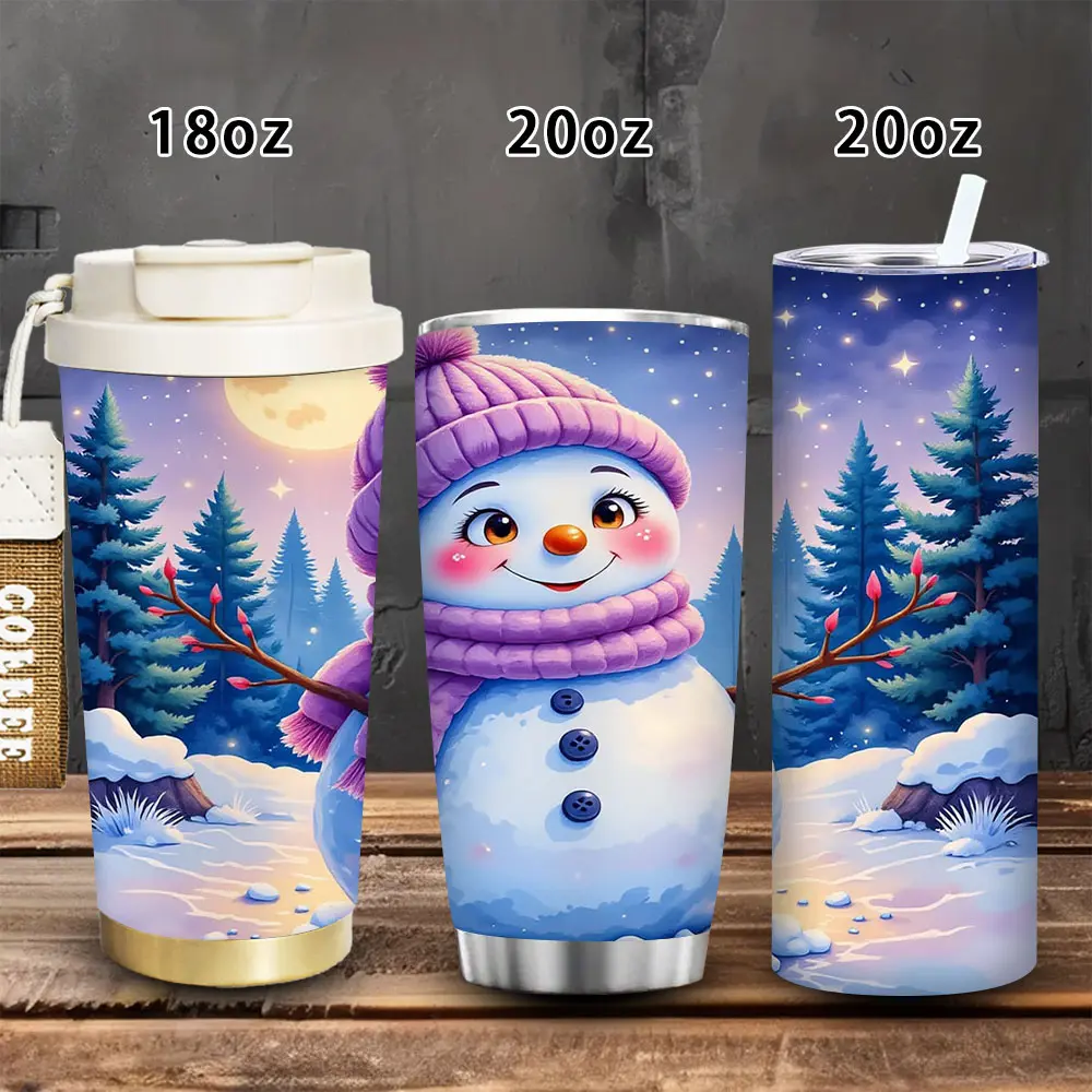 1pc Cute Snowman Night Scene Vacuum Flask Tumbler - 18oz/20oz Insulated Travel Mug with Lid and Straw, Winter Kitchenware Drinkware for Women, Ideal for Valentine’s Day Birthday Gift, Iced/Hot Coffee Cup, Flasks