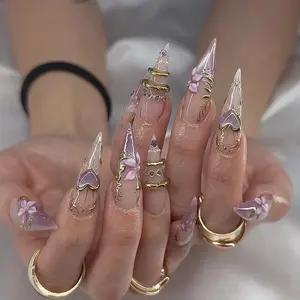 Lilac Floral Press On Nails | Nude Gold Chrome 3D Flower Stiletto Nails | Luxury Handmade Soft Glam Nail Set
