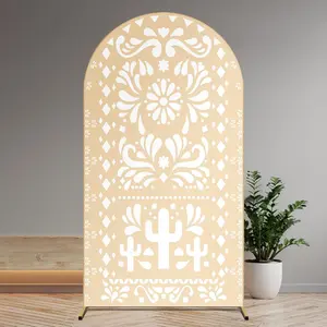 Beige Yellow Arch Backdrop for  Shower Mexican Talavera Wedding Party Stretchy Arch Stand Cover Doubleside Banner Baptismx Birthday Decoration Props(Only Cover)(4x7ft,Beige Yellow)