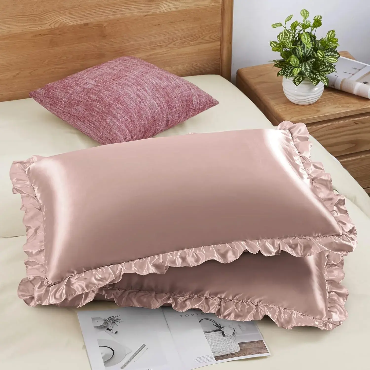 100% Polyester Satin Ruffled Queen Size Solid Pillow Shams (Set of 2) - Ro Gold, Wrinkle-Resistant, Stain-Resistant, Machine-Washable, Envelope Closure Pillowcases for Princess Room Decoration