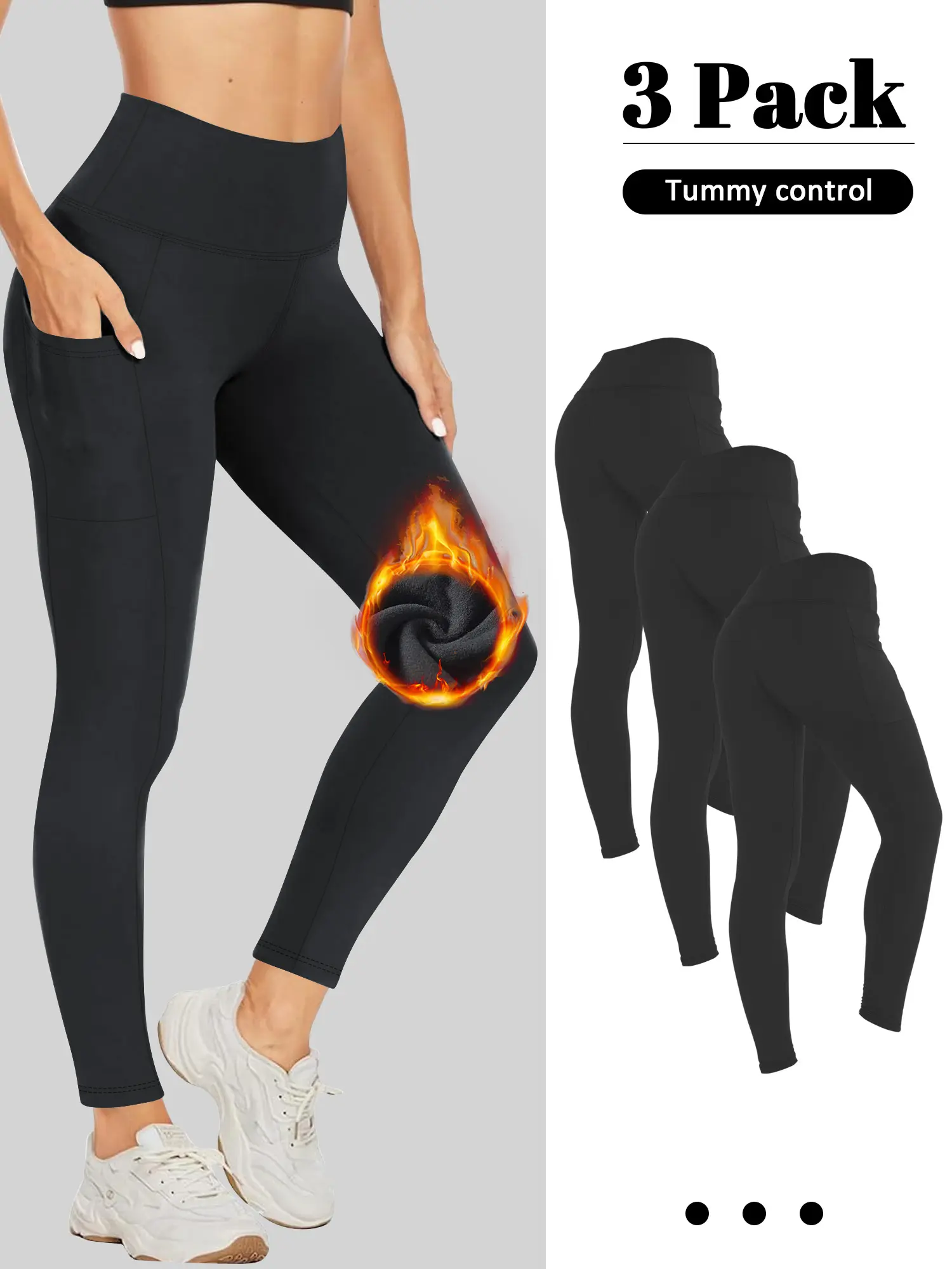 [Clearance] Women’s 3PCS Fleece Lined High Waisted Thermal Leggings, Warm Compression Yoga Pants with 2 Outer Pockets, Elastic Waistband, Tummy Control Winter Workout Bottoms
