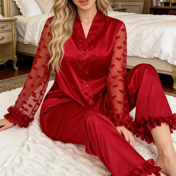 Women's Red Satin 2-Piece Pajama Set, Longsleeves V-Neck Loungewear with Mesh Heart Print, Wide Leg Pants and Petal Trim