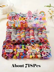 718pcs/Set Girls' Pink Bowknot Hair Clips, Cute Girly Princess Hair Accessories Sets, High Elastic Durable Non-Damaging Hair Ties, Hair Bands, Rabbit Ear Hair Rings, Versatile Duck Clip Barrettes, Suitable For Daily Use