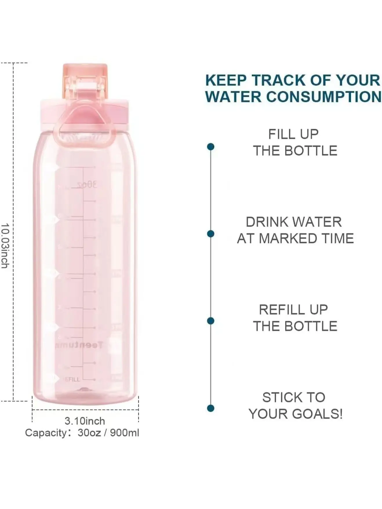Portable Reusable Washable 30oz (900ml) Cylindrical Tritan Water Bottle with Time Marker, 1-Pack