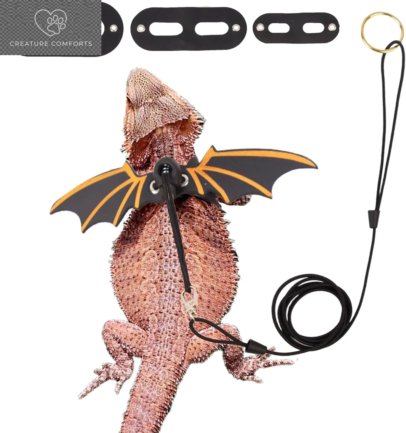 Black Bearded Dragon Leash Harness, 3 Size Pack, Cool Bat Wing | Soft Leather Wing Harness, Removable Leash, for Bearded Dragon Lizard Reptile, Great for Outdoor Walking