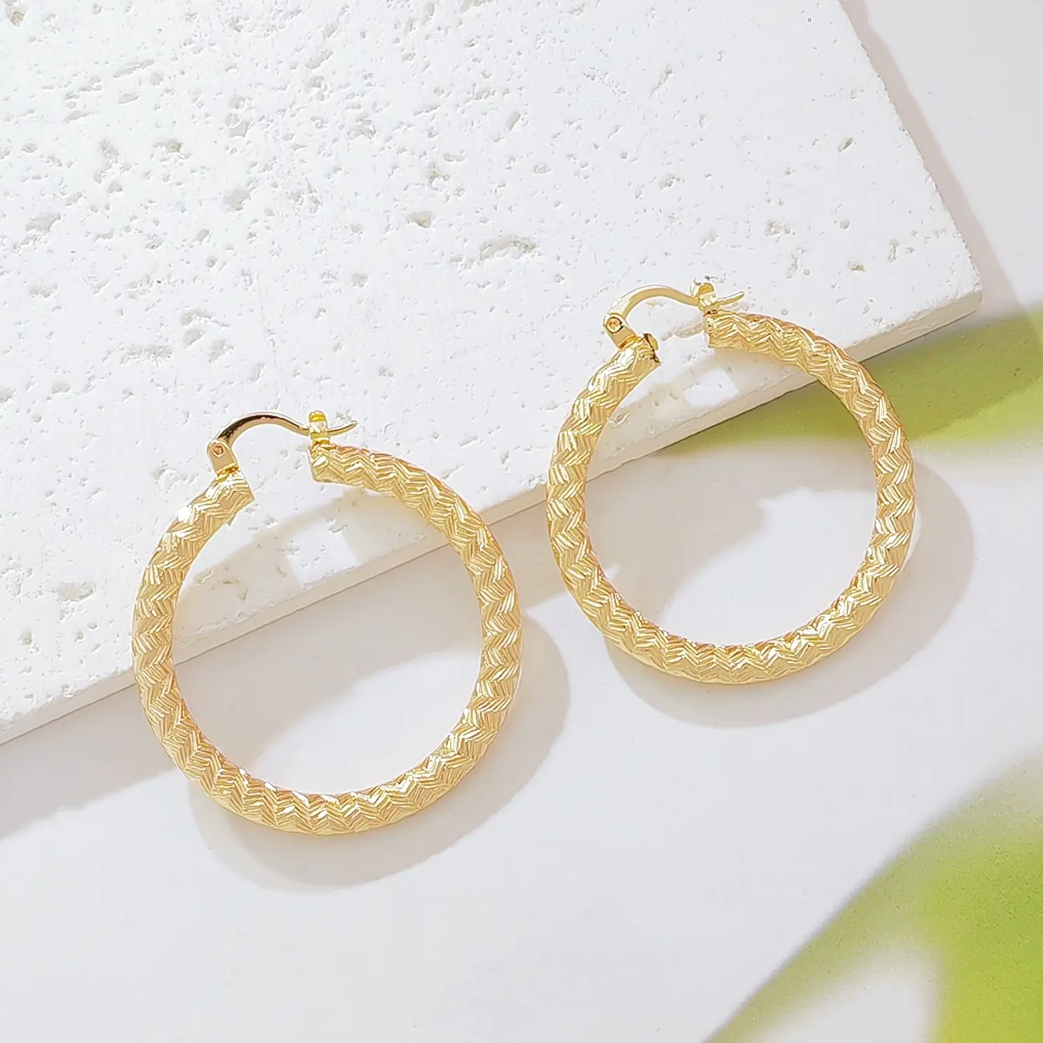 14K Gold Plated Textured Hoop Earrings for Women, Braided Pattern Lightweight Huggie Hoops, Chunky Gold Plated Hoop Earrings, Everyday Statement Jewelry Gift