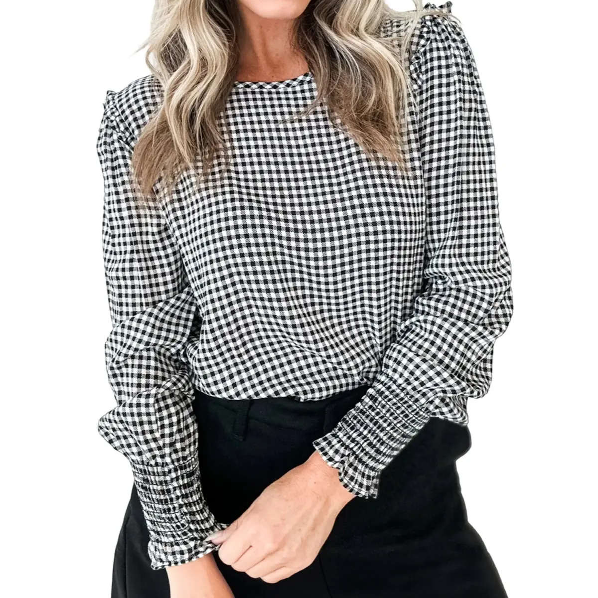 Hotapei Women Gingham Plaid Blouse, Round Neck Long Sleeve Shirt With Ruffle Shoulder & Smocked Cuffs, Keyhole Back Elegant Casual Daily Top