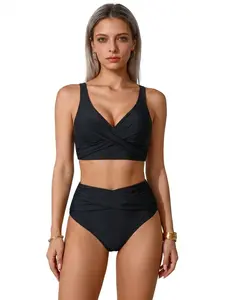 JointlyCreating Women's High Waisted Bikini Sets V Neck Cross Twist Front Two Piece Swimsuit Tummy Control Bathing Suit for Summer
