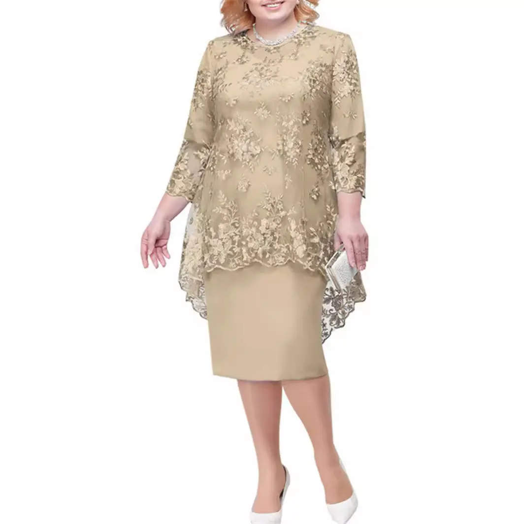 Women's Embroidered Overlay Midi Dress with 3/4 Sleeves