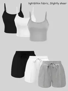 Women's Solid Ribbed Crop Spaghetti Strap Cami Top and Drawstring Waist Shorts Set, Casual Sleeveless Crop Tank and Shorts for Summer, Ladies Clothes for Daily Wear, Matching Clothing Set for Women, Minimalist, Tops Shorts Set