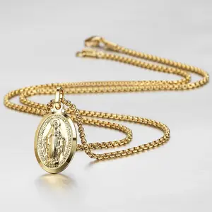 2mm Oval Virgin Mary Pendant Necklace for Men Women Box Link Chain Religious Charm Jewelry Gifts