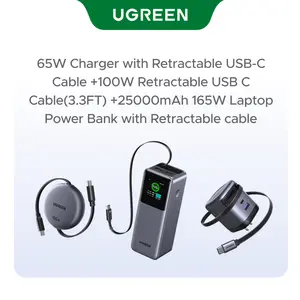 [LIVE ONLY]UGREEN Travel Essentials Bundle Universal Travel Adapter, 65W Charger with Retractable USB-C Cable,100W USB C Fast Charger, 100W Retractable USB C Cable,25000mAh 165W Laptop Power Bank with Retractable cable,25000mAh 200W Laptop Power Bank