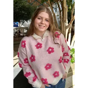 Zip Up Turtle Neck Flower Pattern Sweater