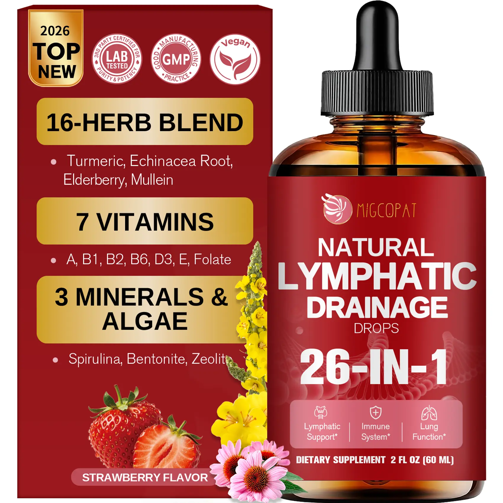 Migcopat 26-in-1 Liposomal Lymphatic Drainage Drops with Turmeric,Echinacea | Vitamins, Dandelion, Zeolite, Vegan, Alcohol-Free, Strawberry Flavor, 2 fl oz