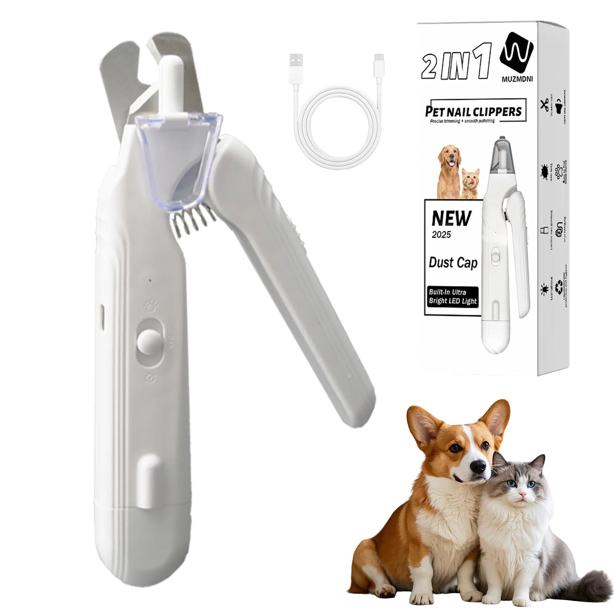 MUZMDNI 2-in-1 Dog Nail Grinder & Dog Nail Clippers Trimmers for Large Medium Small Dogs Cats Pets Claw Trimmer with LED Lights