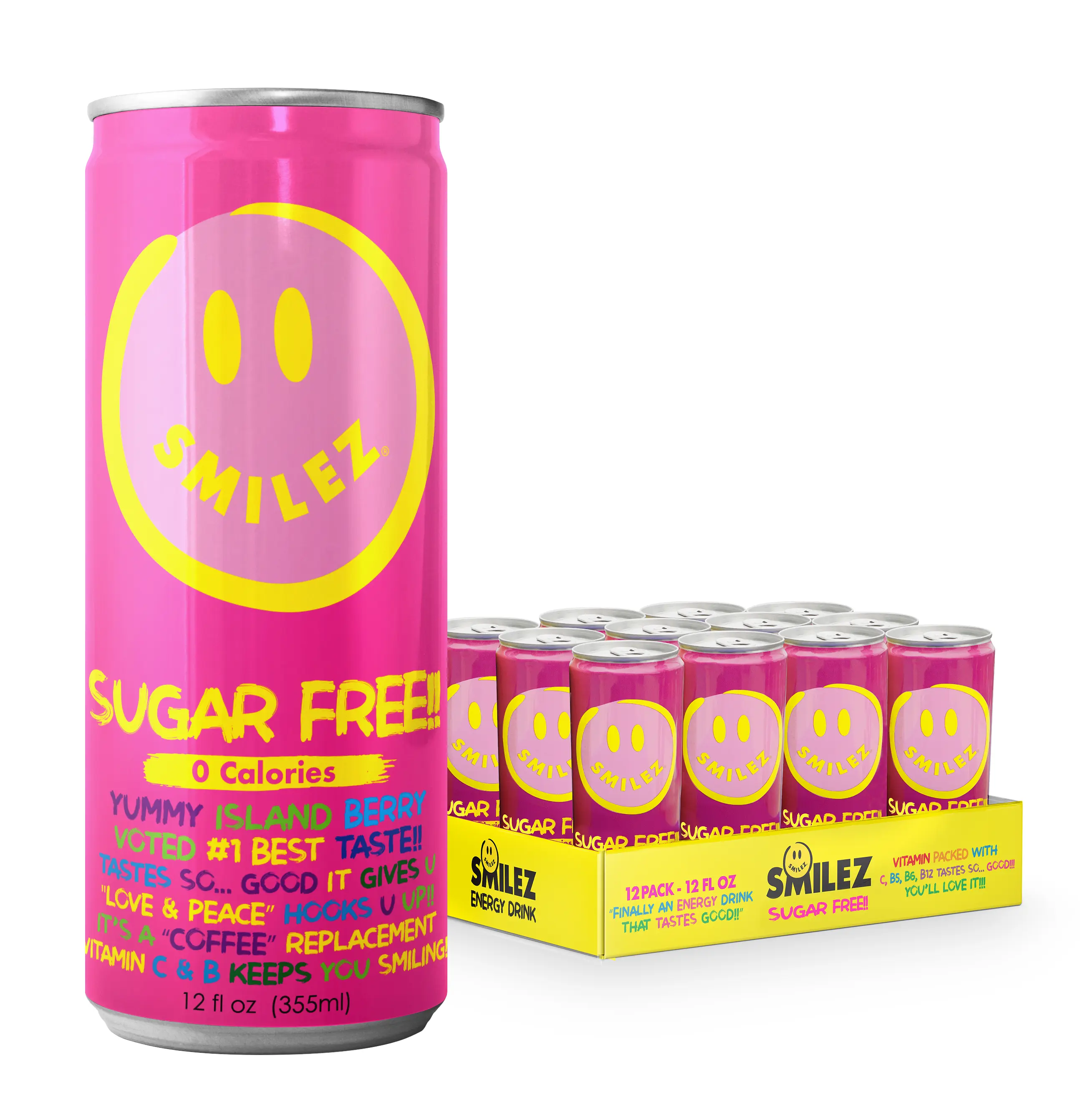 Smilez Energy Drink, SUGAR FREE (12 PACK) ISLAND BERRY!! ZERO CALORIES!!