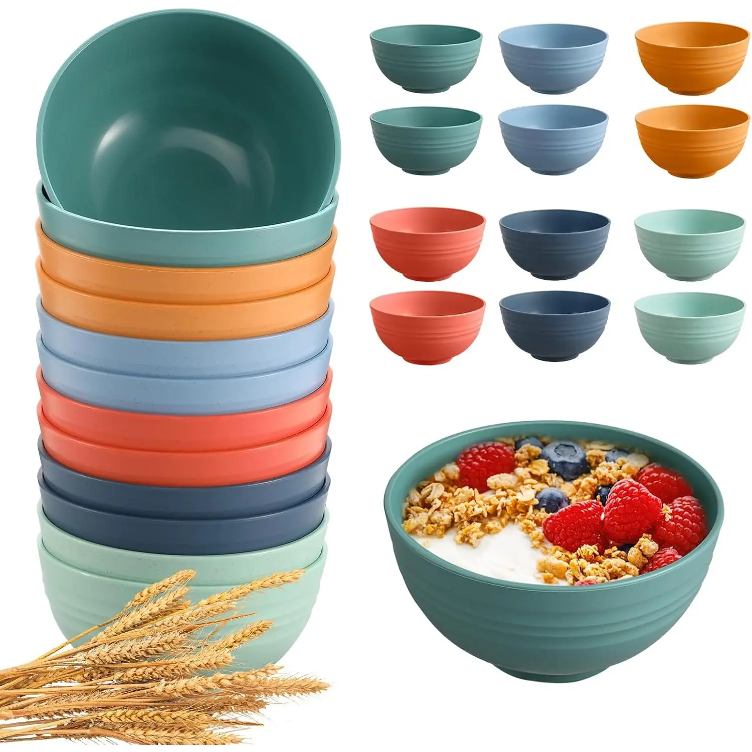 12 Pcs Unbreakable Cereal Bowls Set, 26 Oz Wheat Straw Bowls Set, Microwave & Dishwasher Safe Rice Bowls for Kitchen, Reusable Plastic Bowls for Soup, Salad and Snack, BPA Free, Multicolor
