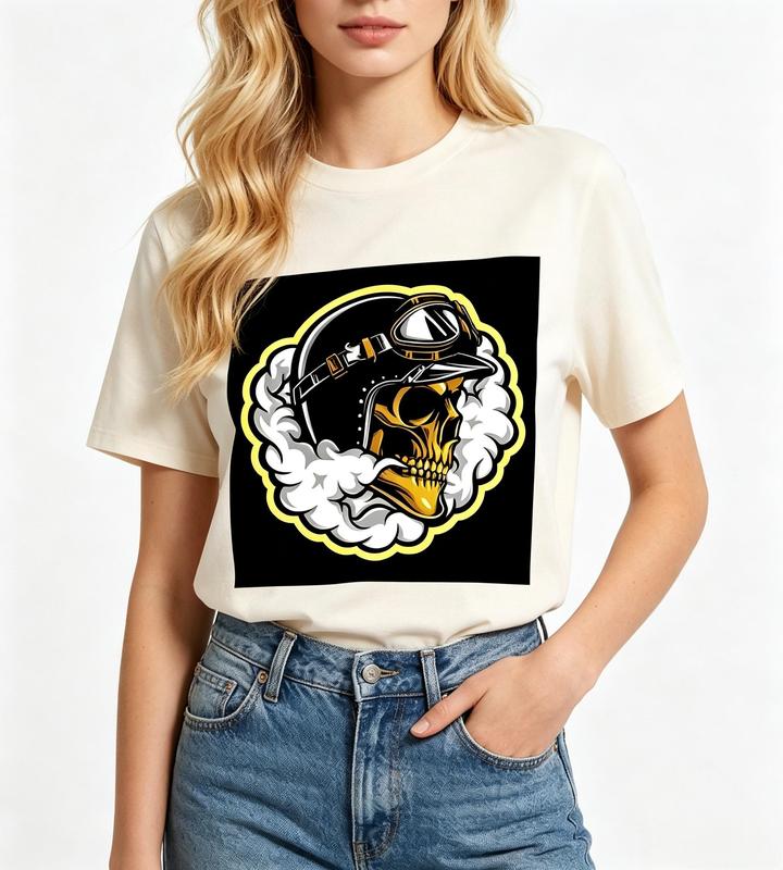 Women's Beige Pure Cotton Retro Biker Theme Crew Neck Fitted Cut Short Sleeve Graphic T-Shirt - Comfortable Lightweight Casual Motorcycle Tops #sohochic
