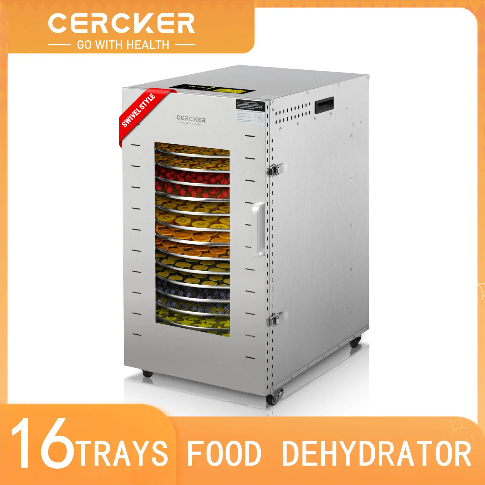 Cercker 360° Rotating Commercial Food Dehydrator - 16 Trays, 0.5-24h Timer, 23.58Ft² Large Capacity, 1500W Stainless Steel Industrial Dryer, 190°F Maker for Fruit, Herbs, Beef Jerky