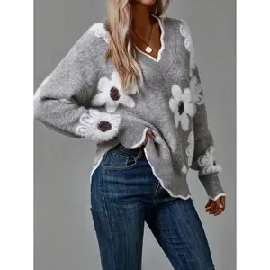Women's Colorful 3D Floral V-Neck Drop Shoulder Long Sleeve Sweater, Casual For Autumn And Winter New Years,Long Sleeve Tops Fabric Fit