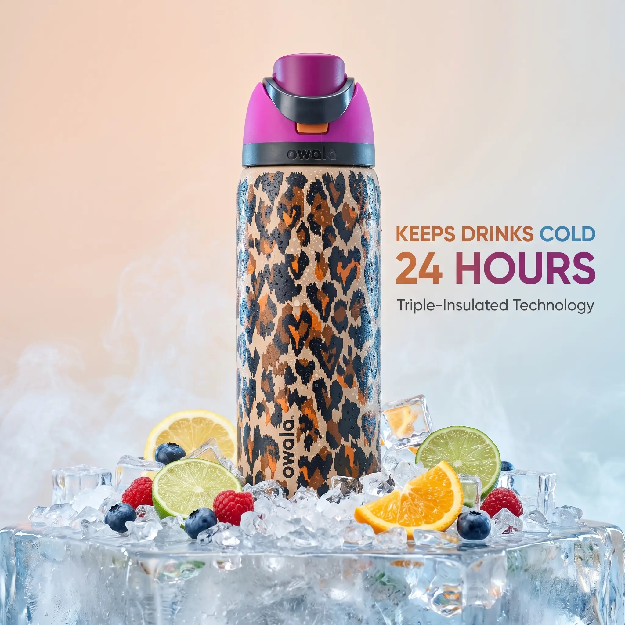 Owala Wild At Heart 32oz FreeSip Water Bottle, Leopard Heart Print Insulated Stainless Steel Bottle with Straw Lid