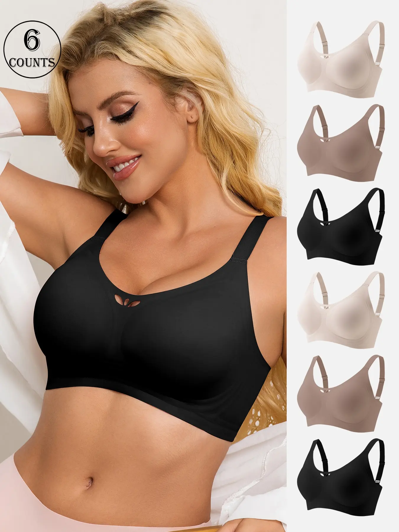 6-piece set of sexy, light-luxury women's bras, suitable for all seasons, comfortable and skin-friendly, with padding and hook closure, everyday casual underwear, supportive and gathering, yoga sports back design, high-quality seamless jelly wireless bras