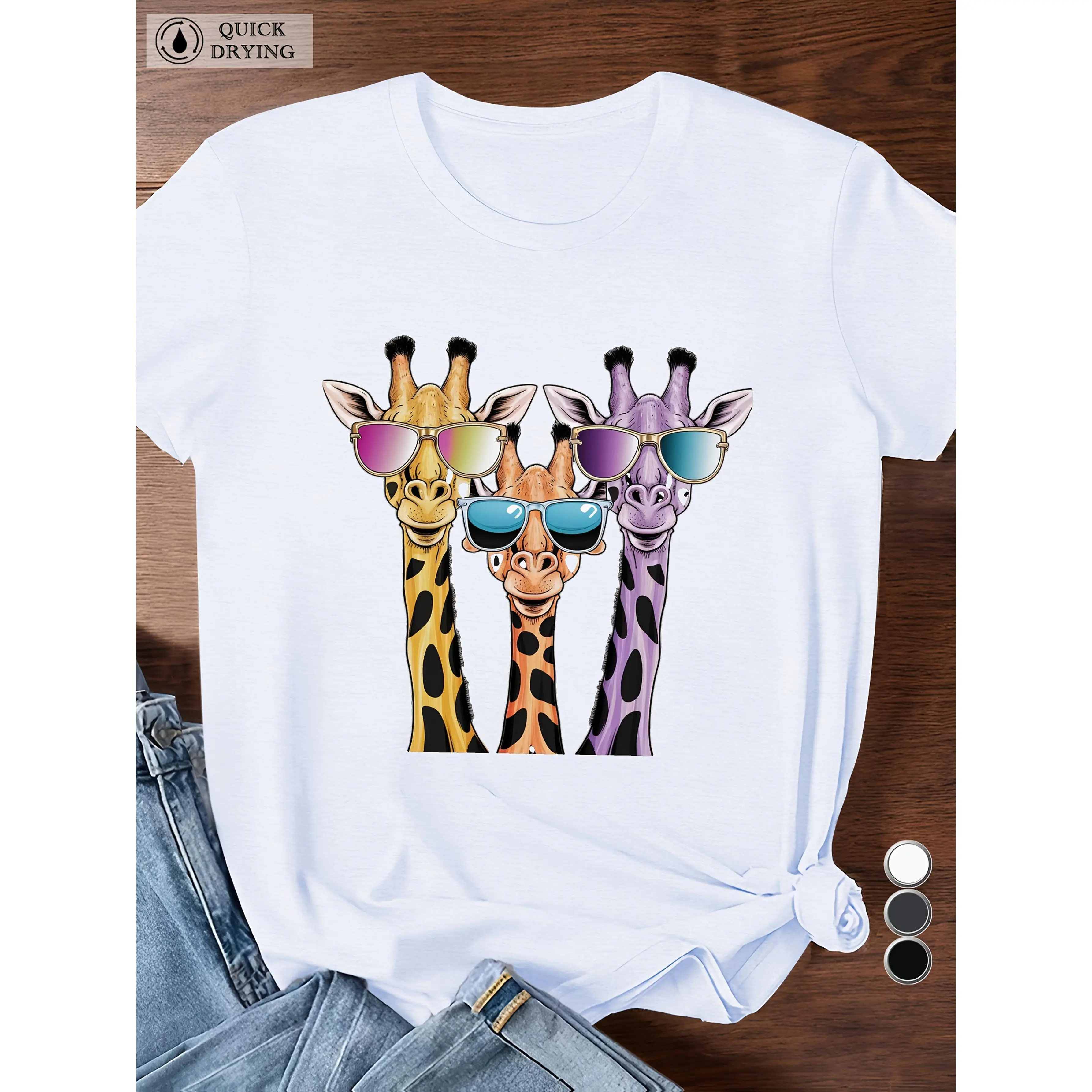 Plus Size Women's Short Sleeve Round Neck Casual Street T-Shirt - Breathable Polyester Knit Top with Giraffe Print, Retro Minimalist Chic Design for Thanksgiving, Party Women's Clothes