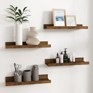 4-Set Handmade Minimalist Wooden Floating Shelves, Wall-Mounted Raw Wood Picture Ledge with Lip, 15-20 Kg Load Capacity Indoor Furniture for Bedroom & Kitchen Storage, Farmhouse Room Decoration with Easy Installation
