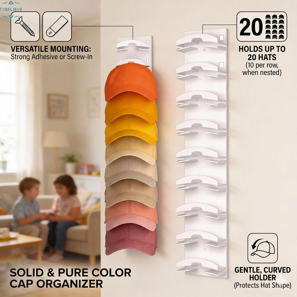 Hat Organizer for Baseball Caps, Hat Rack for Wall with Strong Adhesive Hold up to 20 Hats, Hat Hanger Holder Display for Door Closet, Cap Organizer Storage Multilayer Two Mounting Option(Black/White)