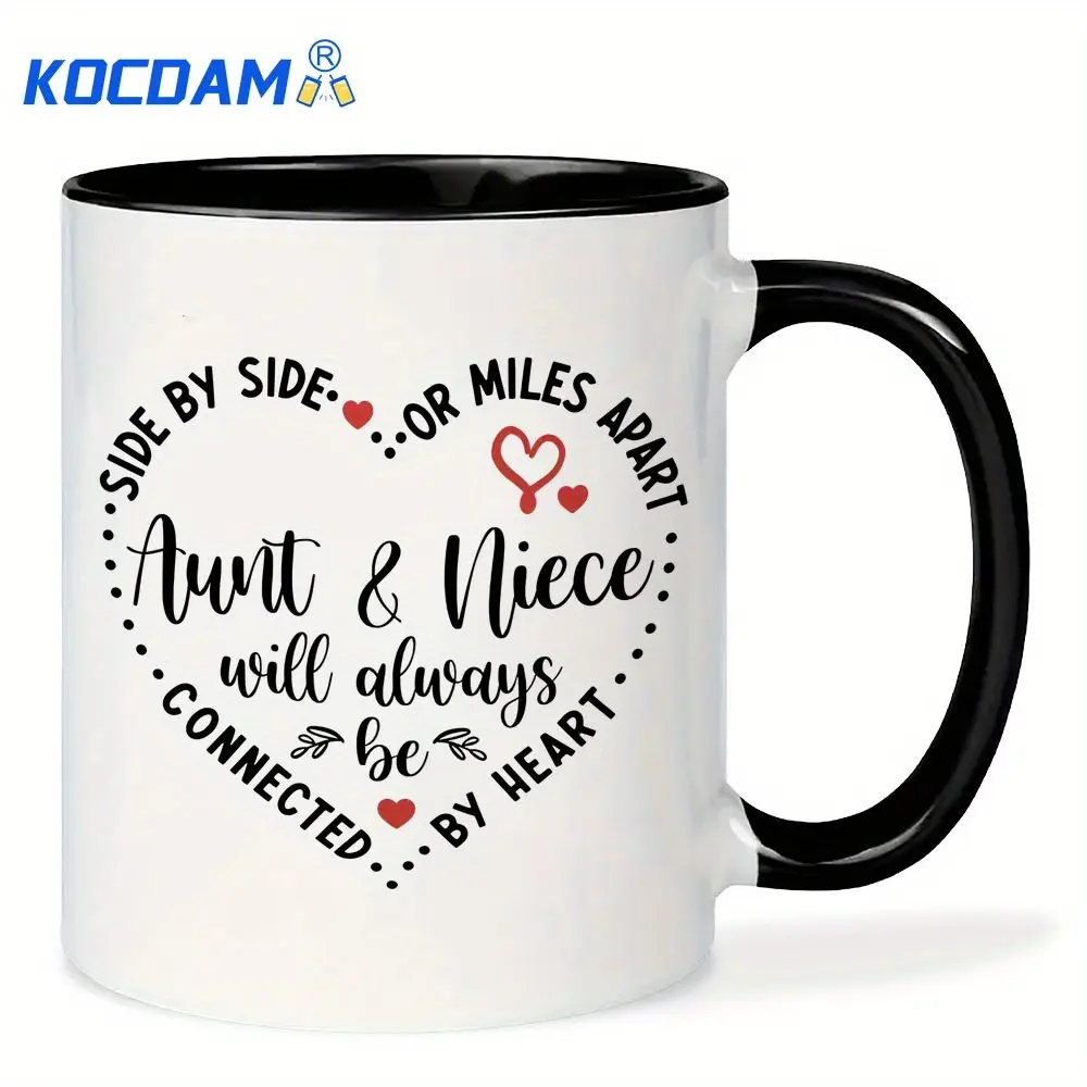 1pc Aunt & Niece Heart-to-Heart Ceramic Travel Mug 11oz - Lead-Free, Microwave Safe, Reusable Coffee Cup with "Side by Side or Miles Apart" Quote & Red Hearts - Perfect Gift for Birthdays, Mother's Day, Valentine's, Graduation, Microwave Safe Mug |   Knit