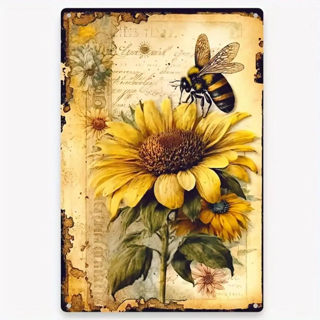 Vintage Sunflower Floral Print, Honey Bee Print & Bee Pattern Wall Art, Metal Aluminum Wall Decor, Aesthetic Wall Decor, Wall Art for Home Restaurant Bar Cafe Garage Decor