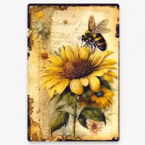 Vintage Sunflower Floral Print & Bee Pattern Wall Art, Metal Aluminum Wall Decor, Wall Art for Home Restaurant Bar Cafe Garage Decor