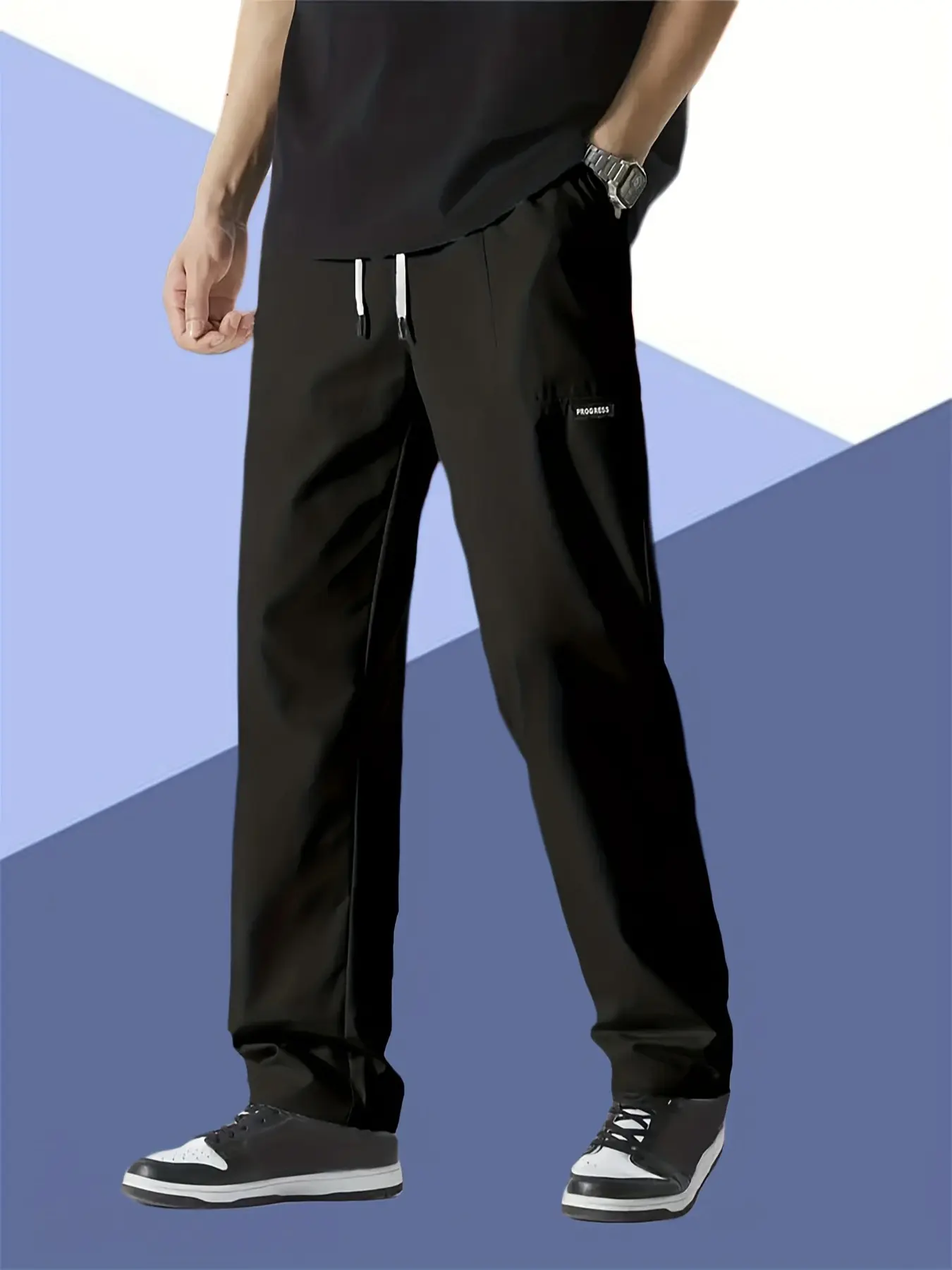 Men's Straight Leg Pants High-Stretch Elastane Fabric Drawstring Waist Casual Relaxed Fit for Work Travel, Preppy, Woven